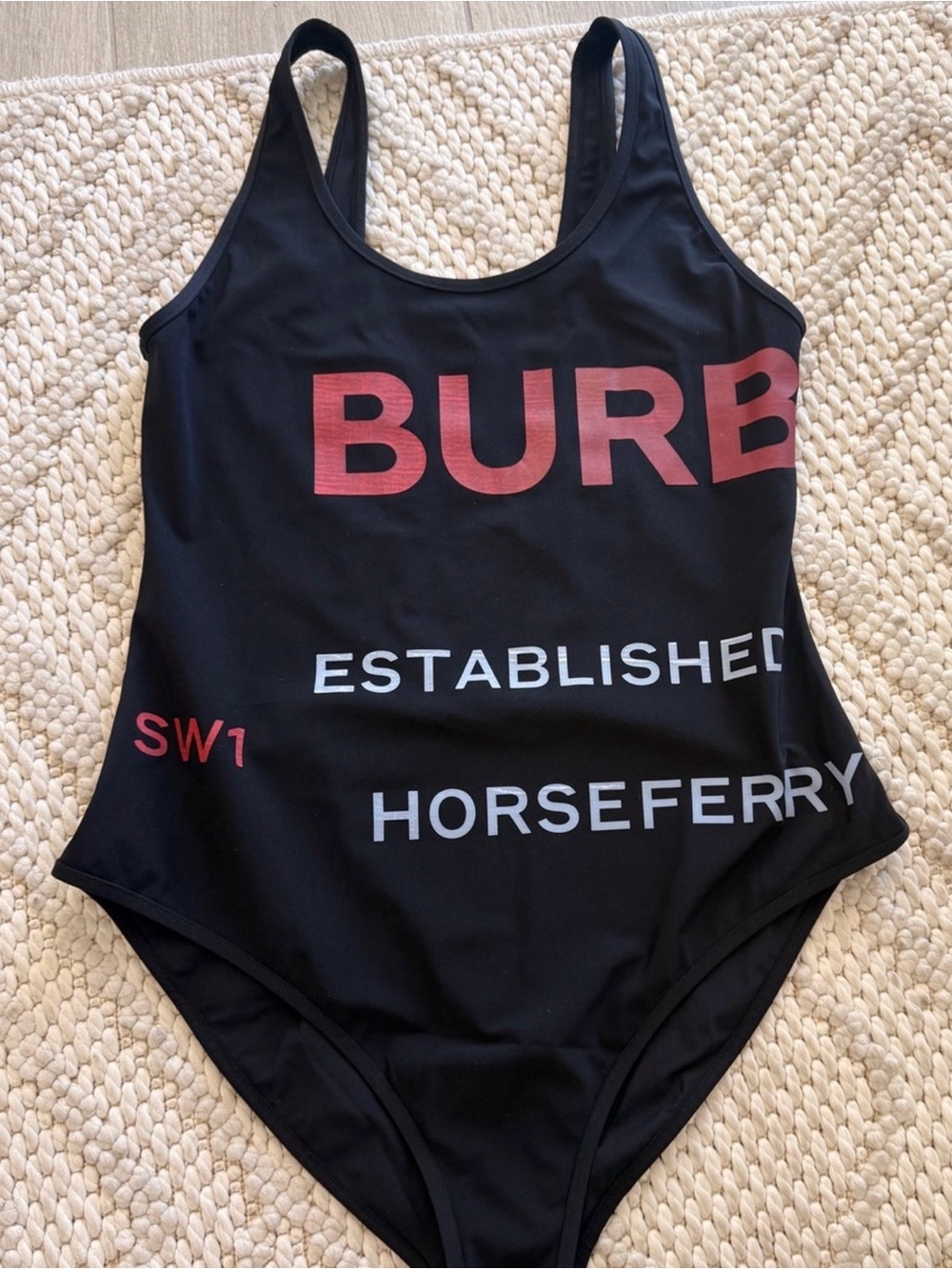 Burberry Black One-Piece Swimsuit with Red and White Logo